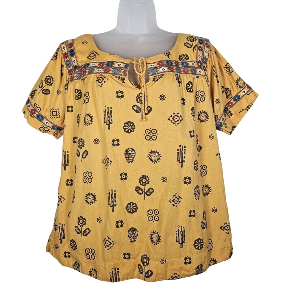 Ryan Michael Top Women's XL Mustard Embroidered Southwestern AOP Tie Neck Cotton